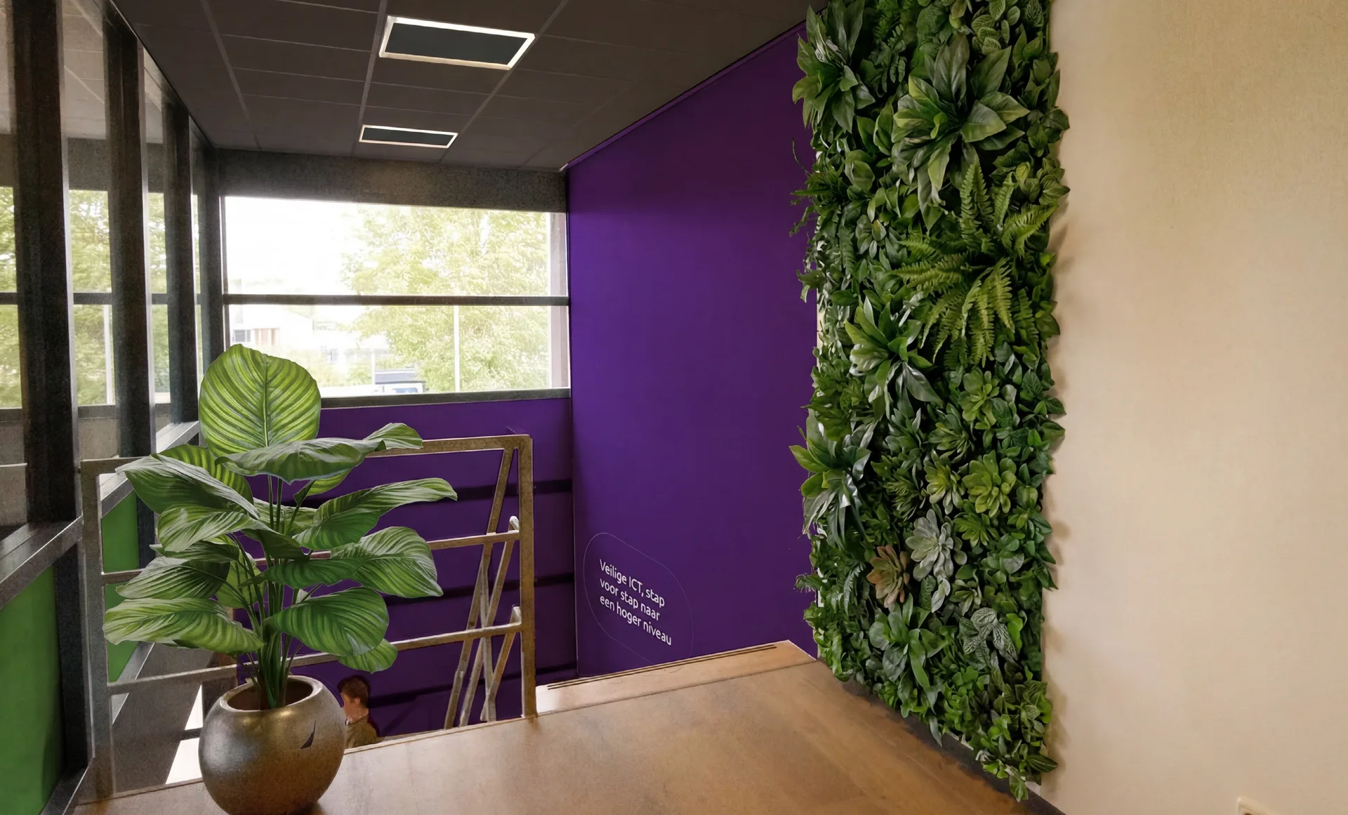 De groene plantenwand in het kantoor van Cura ICT in Wolvega